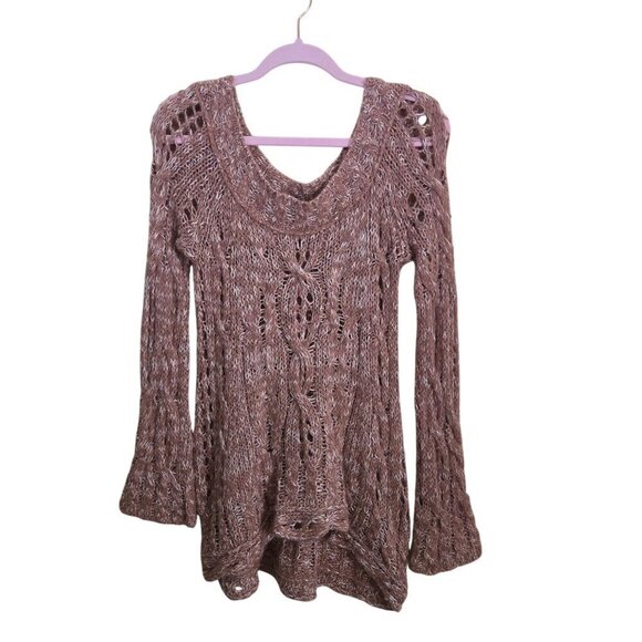 Free People Open CableKnit Bell Sleeve Marled Mauve Alpaca Blend Sweater Size S - Picture 2 of 6
